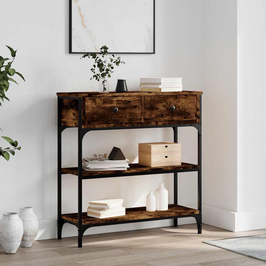 Black Oak Console Table 100x25x75 cm Engineered Wood & Steel with 2 Drawers T469215