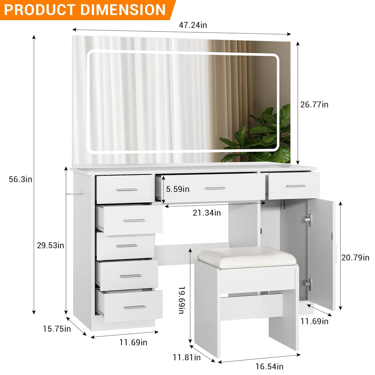 White 7 Drawer Vanity Desk with LED Mirror Z78973
