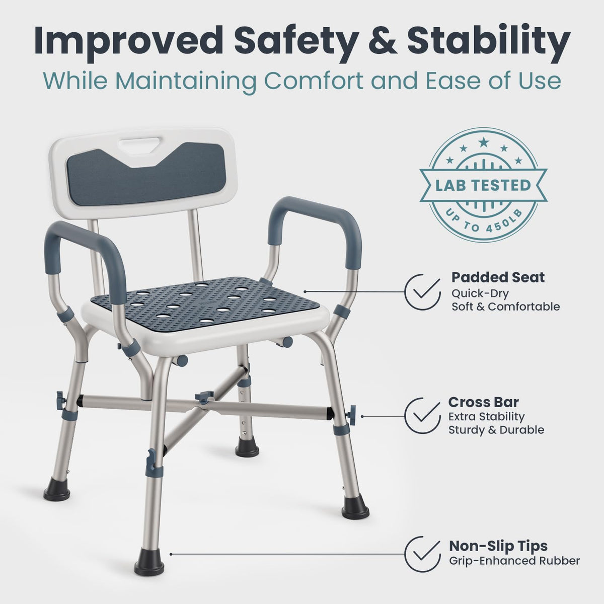 Blue Adjustable Shower Chair with Padded Armrests and Back H5214