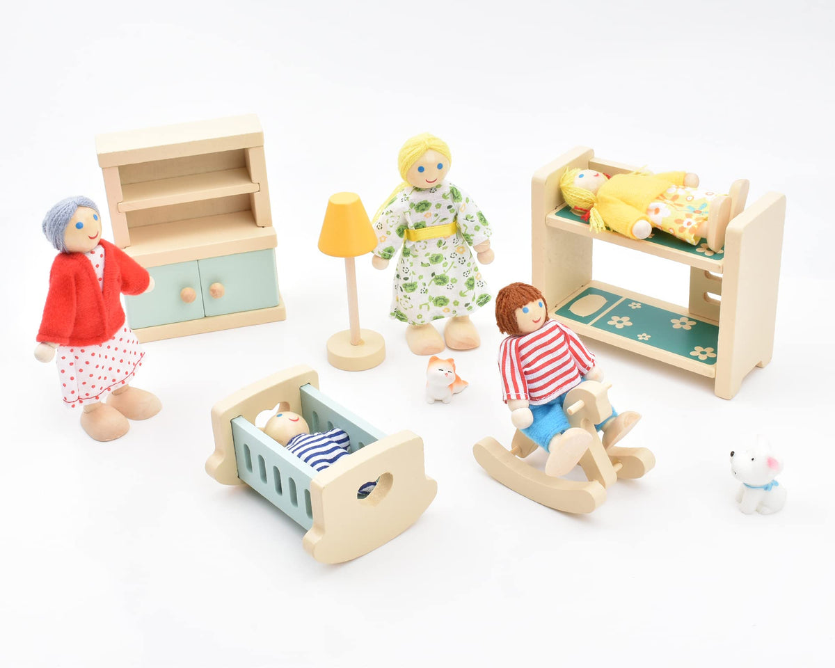 Wooden Dollhouse Dolls Family Set of 8 Miniature Figures and 2 Pets Q73694