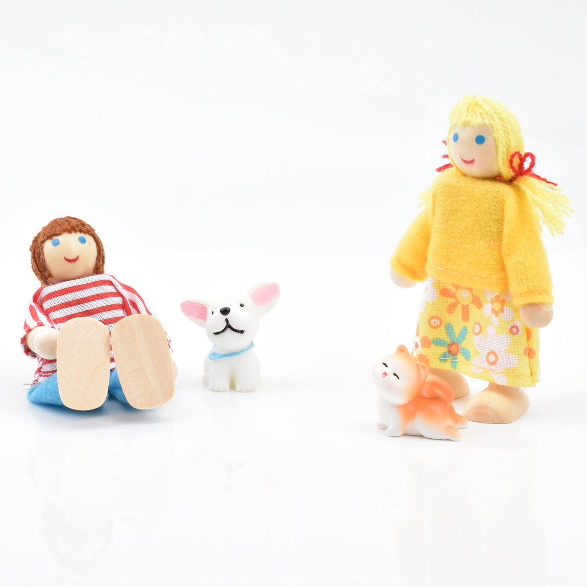 Wooden Dollhouse Dolls Family Set of 8 Miniature Figures and 2 Pets Q73694