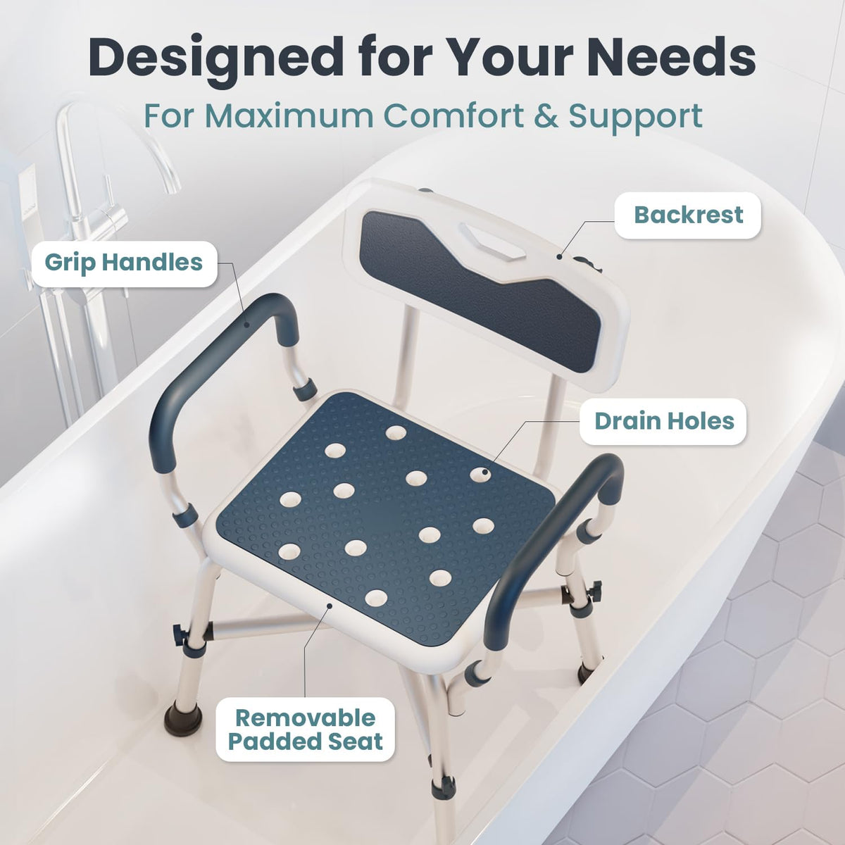 Blue Adjustable Shower Chair with Padded Armrests and Back H5214
