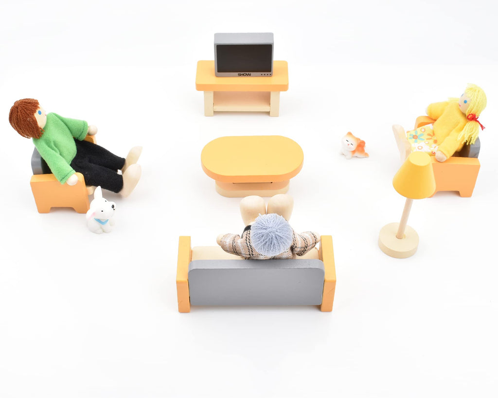 Wooden Dollhouse Dolls Family Set of 8 Miniature Figures and 2 Pets Q73694