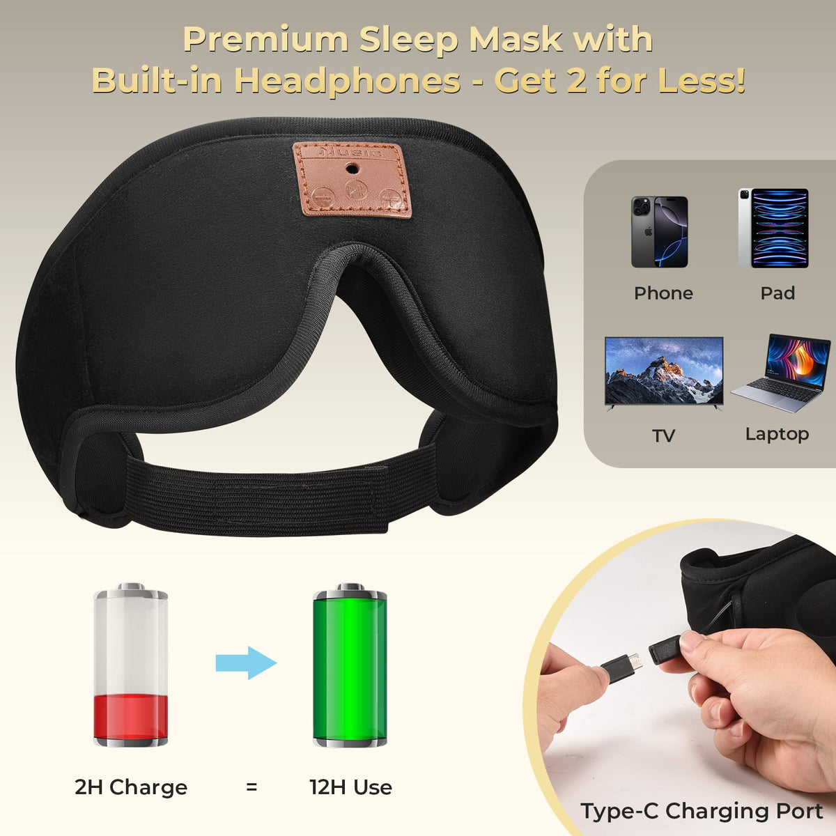 3D Bluetooth Sleep Mask with Headphones 2-Pack N133