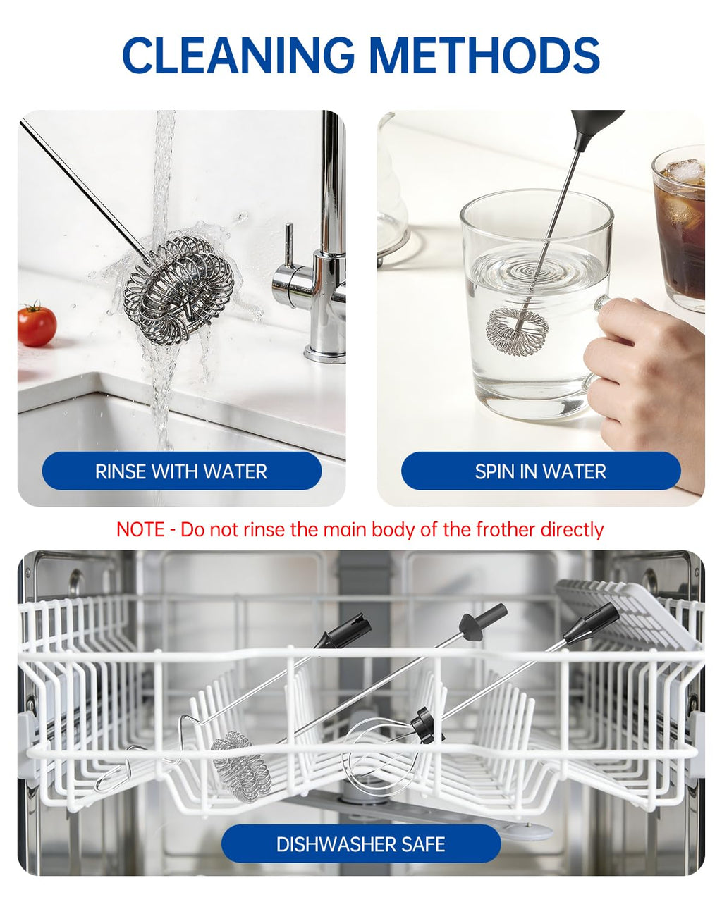 Rechargeable Handheld Milk Frother Wand with 3 Whisks and Storage Box I10910