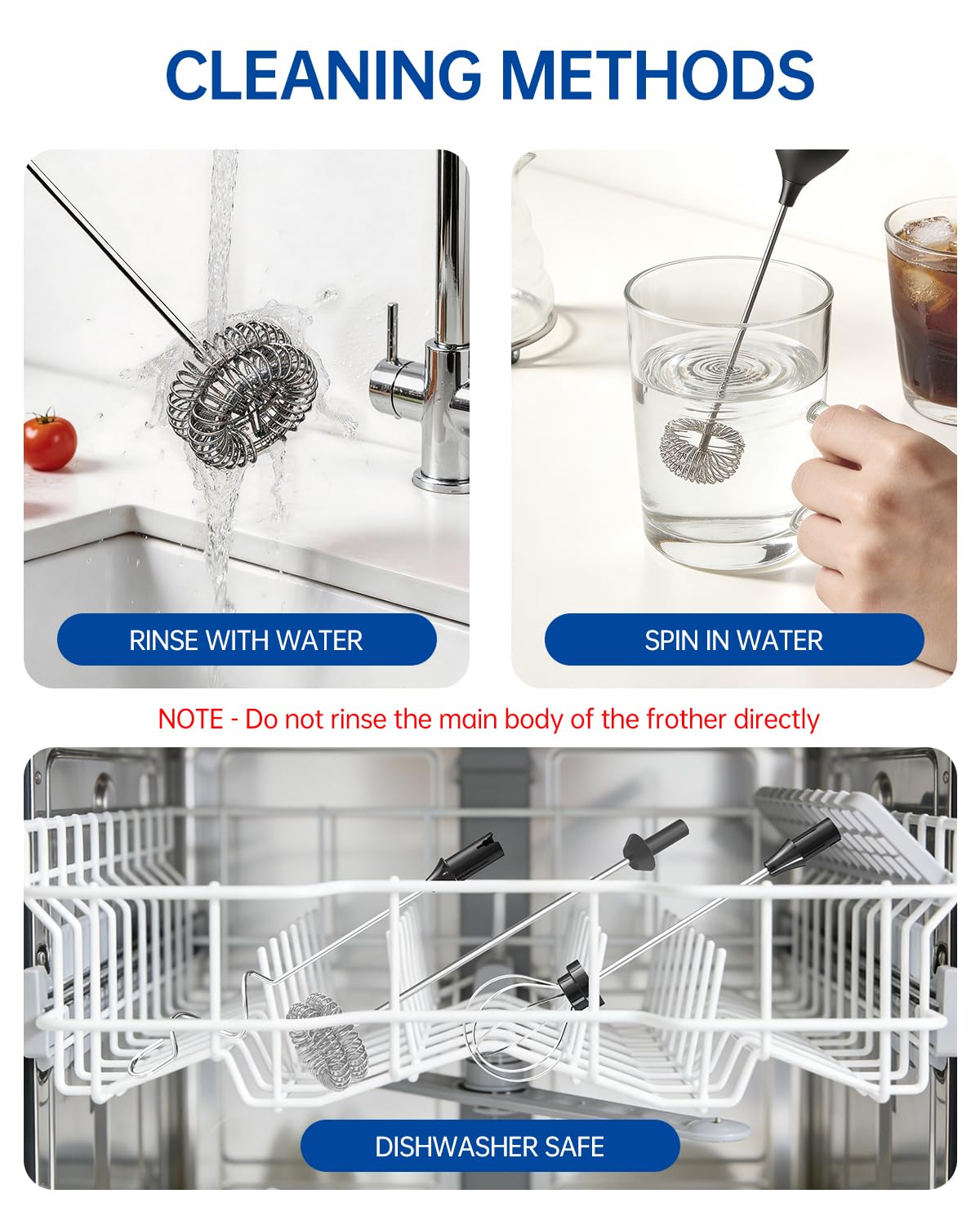 Rechargeable Handheld Milk Frother Wand with 3 Whisks and Storage Box I10910