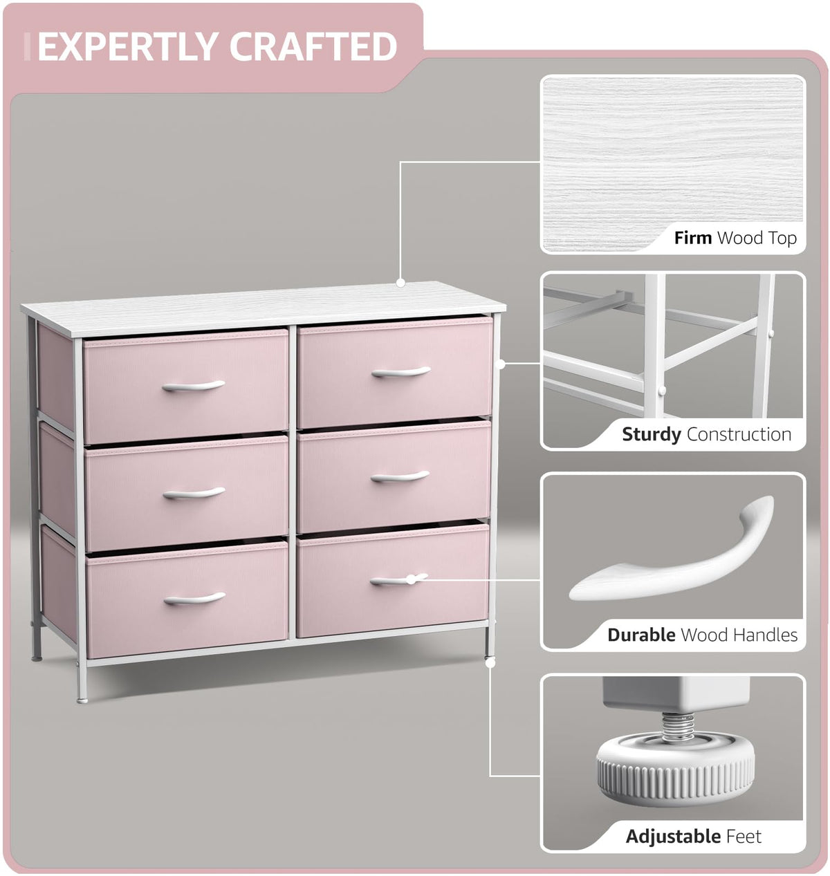 Pink 6 Drawer Fabric Dresser W44818