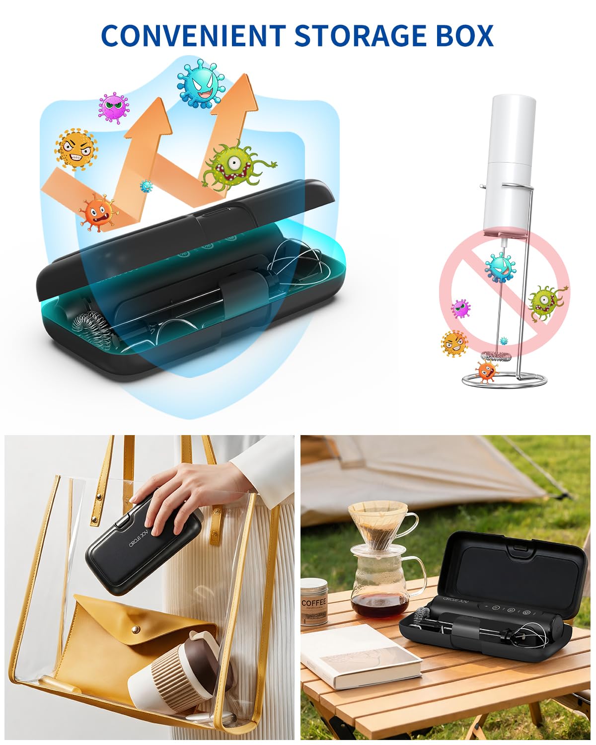 Rechargeable Handheld Milk Frother Wand with 3 Whisks and Storage Box I10910