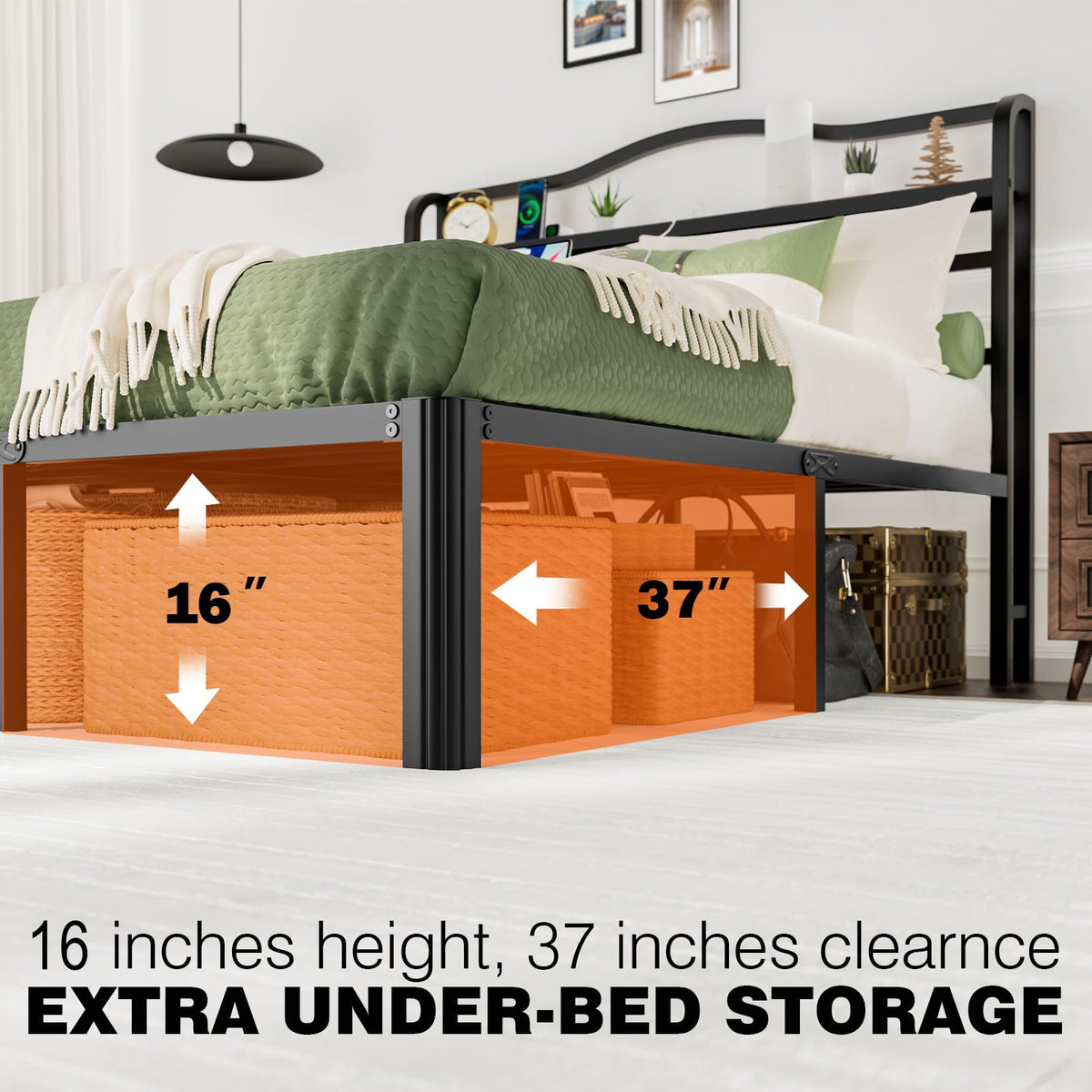 Queen 18 Inch Metal Platform Bed Frame with Headboard and Charging Station A649