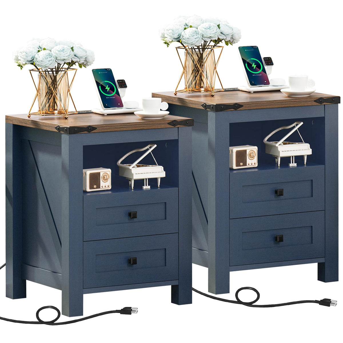Set of 2 Nightstands with Charging Station and 2 Drawers W175