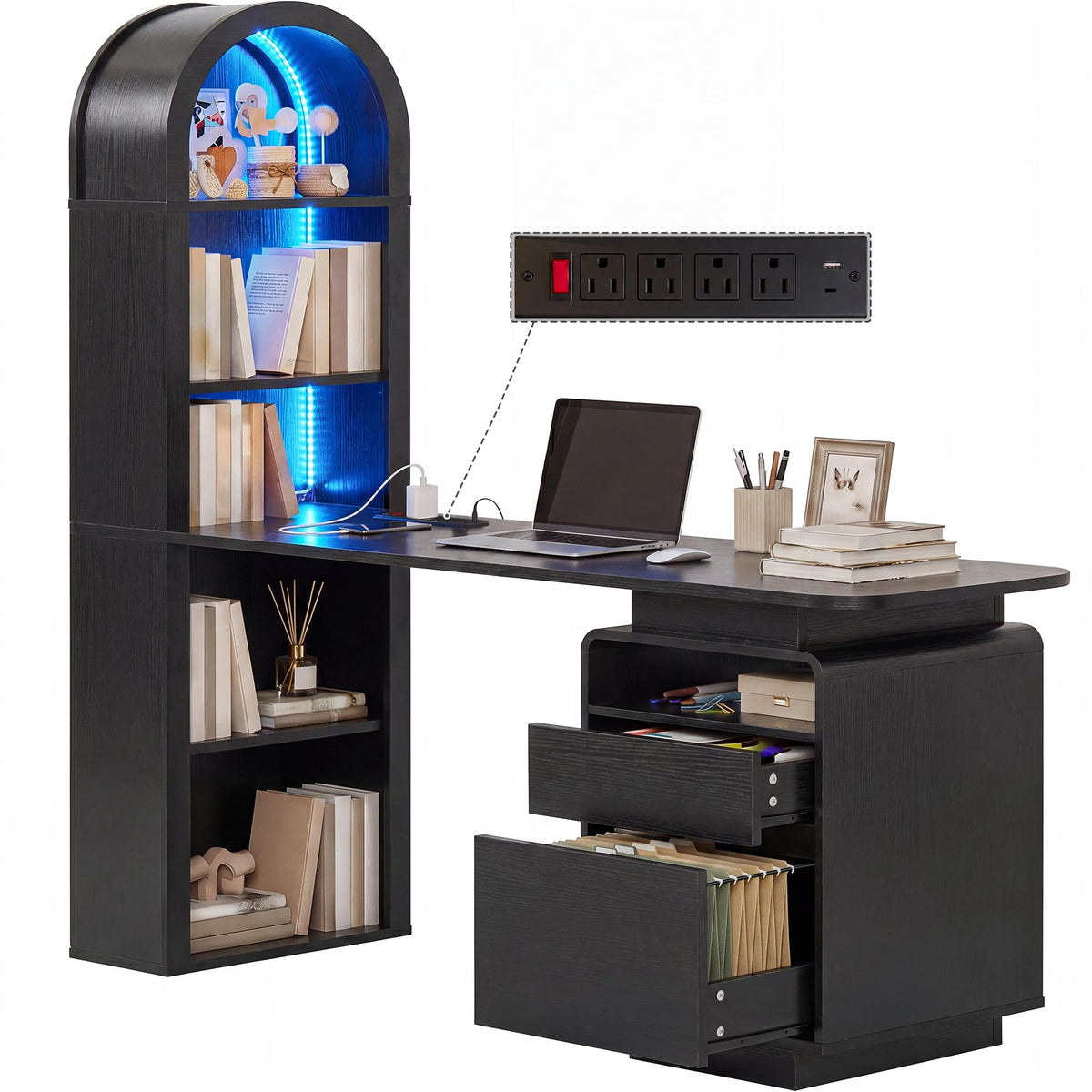 59" Computer Desk with LED Lights & Power Outlets, Black Q860070