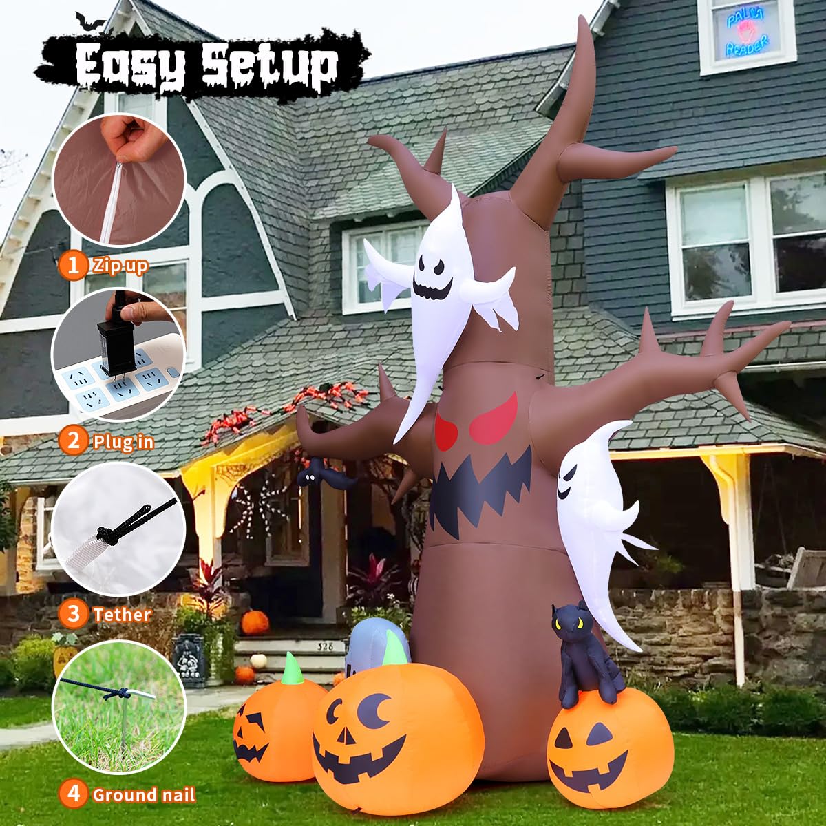 12 FT Halloween Inflatable Tree with Pumpkin Ghost Tombstone Built-in LEDs G776472