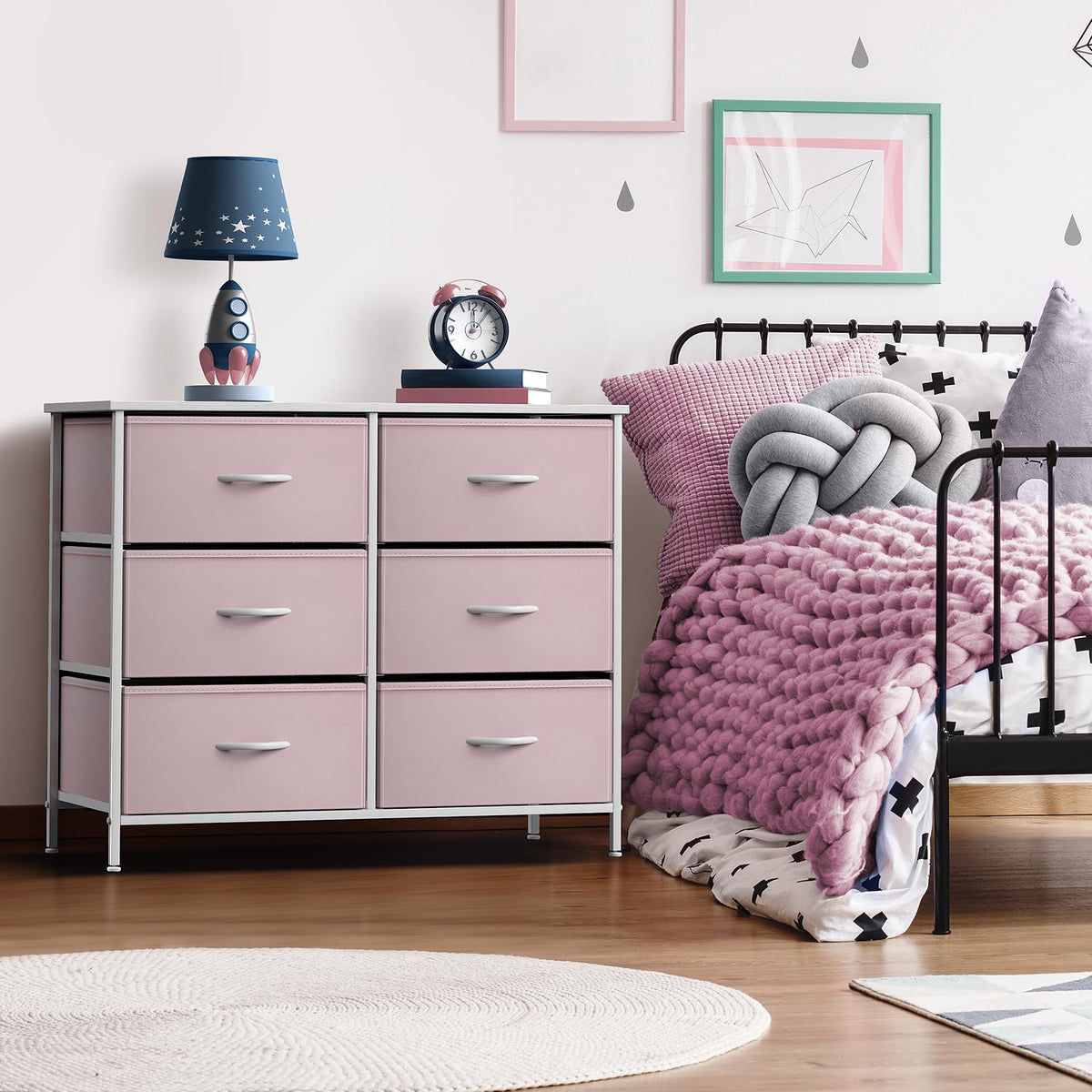 Pink 6 Drawer Fabric Dresser W44818