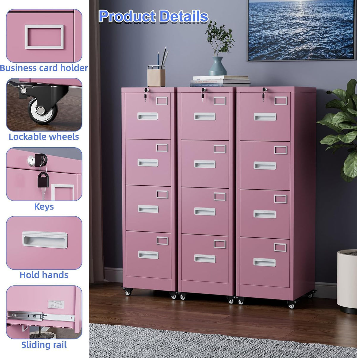 4 Drawer Metal File Cabinet with Lock and Wheels B4110