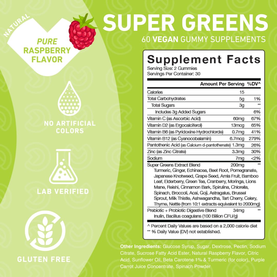 Super Greens Gummies with Spirulina, Spinach, Broccoli, Beet Root, Acai, Vegan, 60 Count N83602