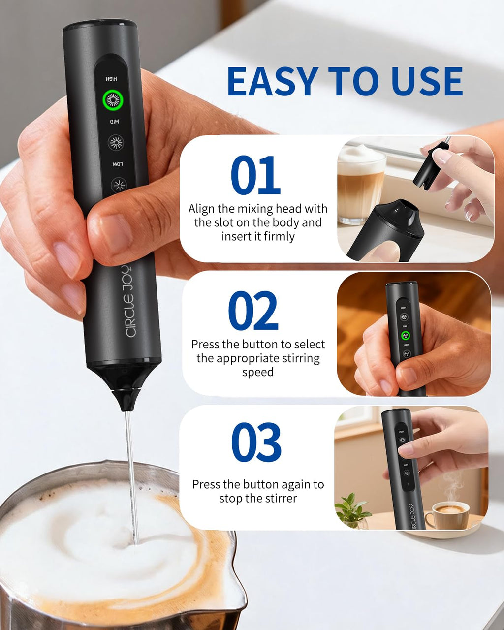 Rechargeable Handheld Milk Frother Wand with 3 Whisks and Storage Box I10910