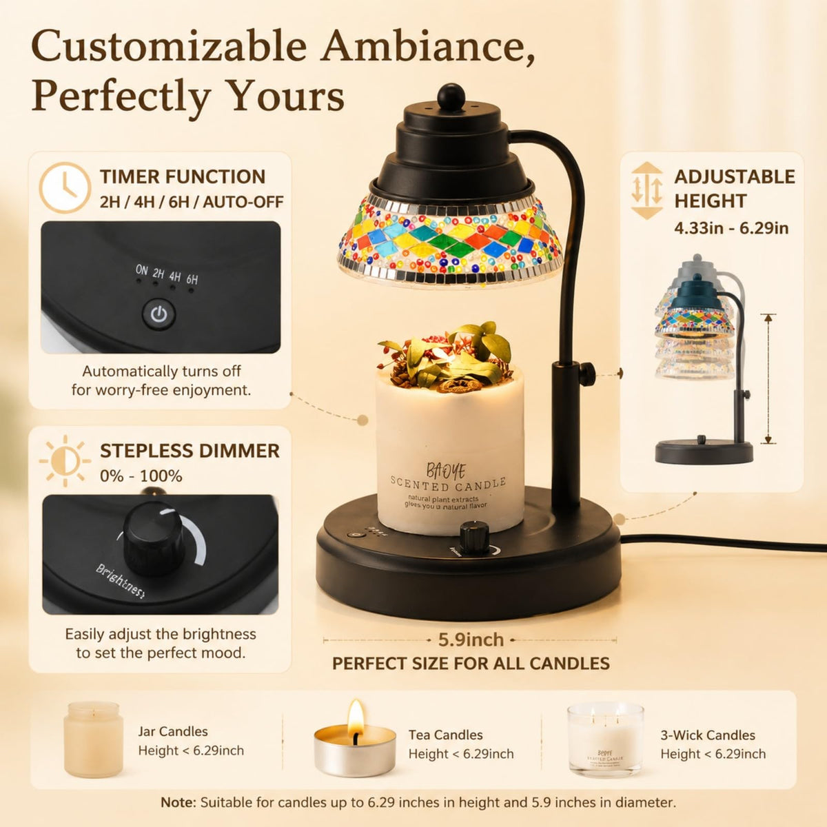 Black Candle Warmer Lamp with Timer & Dimmer P13515
