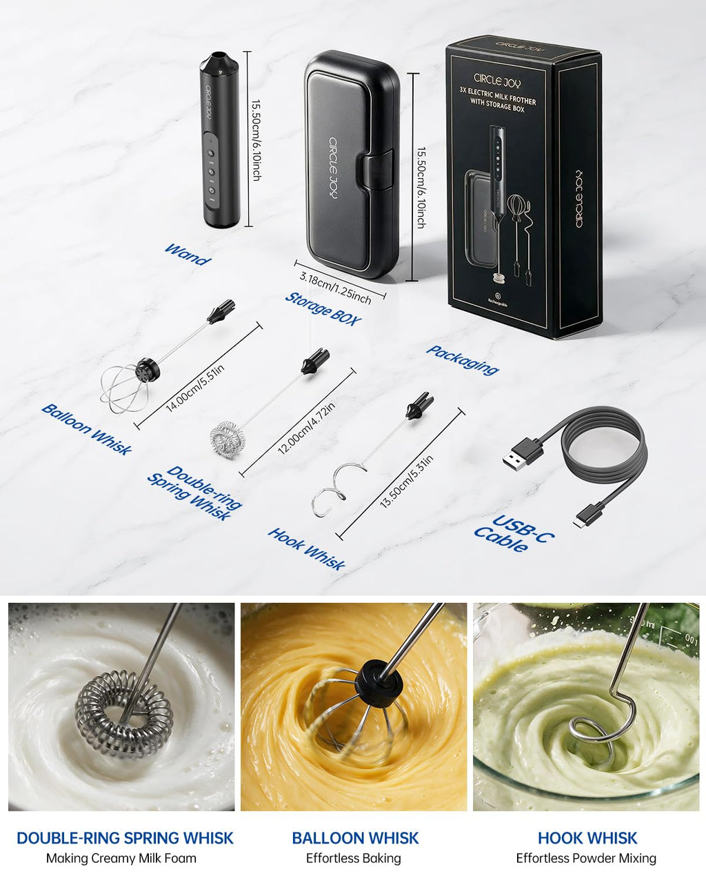 Rechargeable Handheld Milk Frother Wand with 3 Whisks and Storage Box I10910