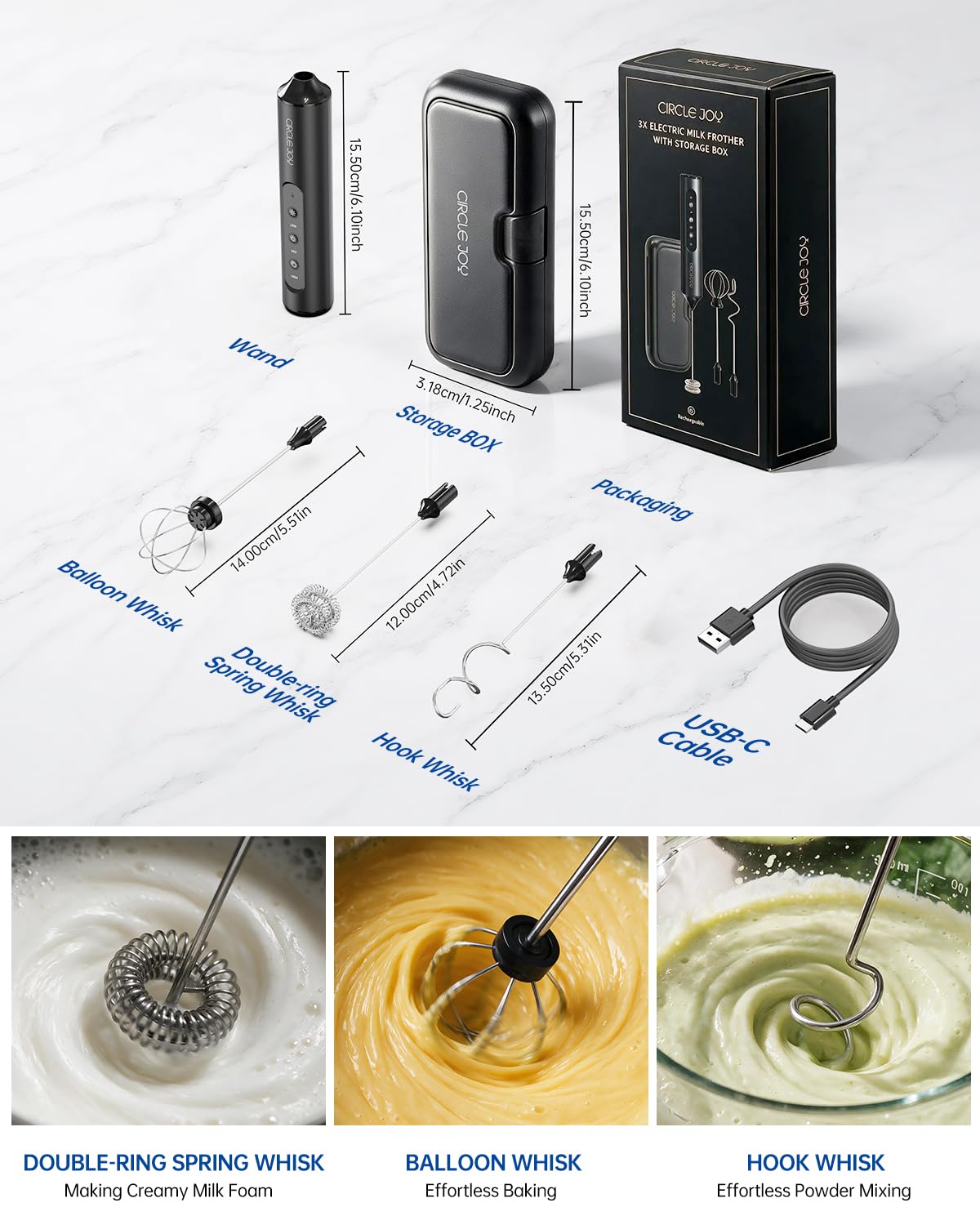 Rechargeable Handheld Milk Frother Wand with 3 Whisks and Storage Box I10910