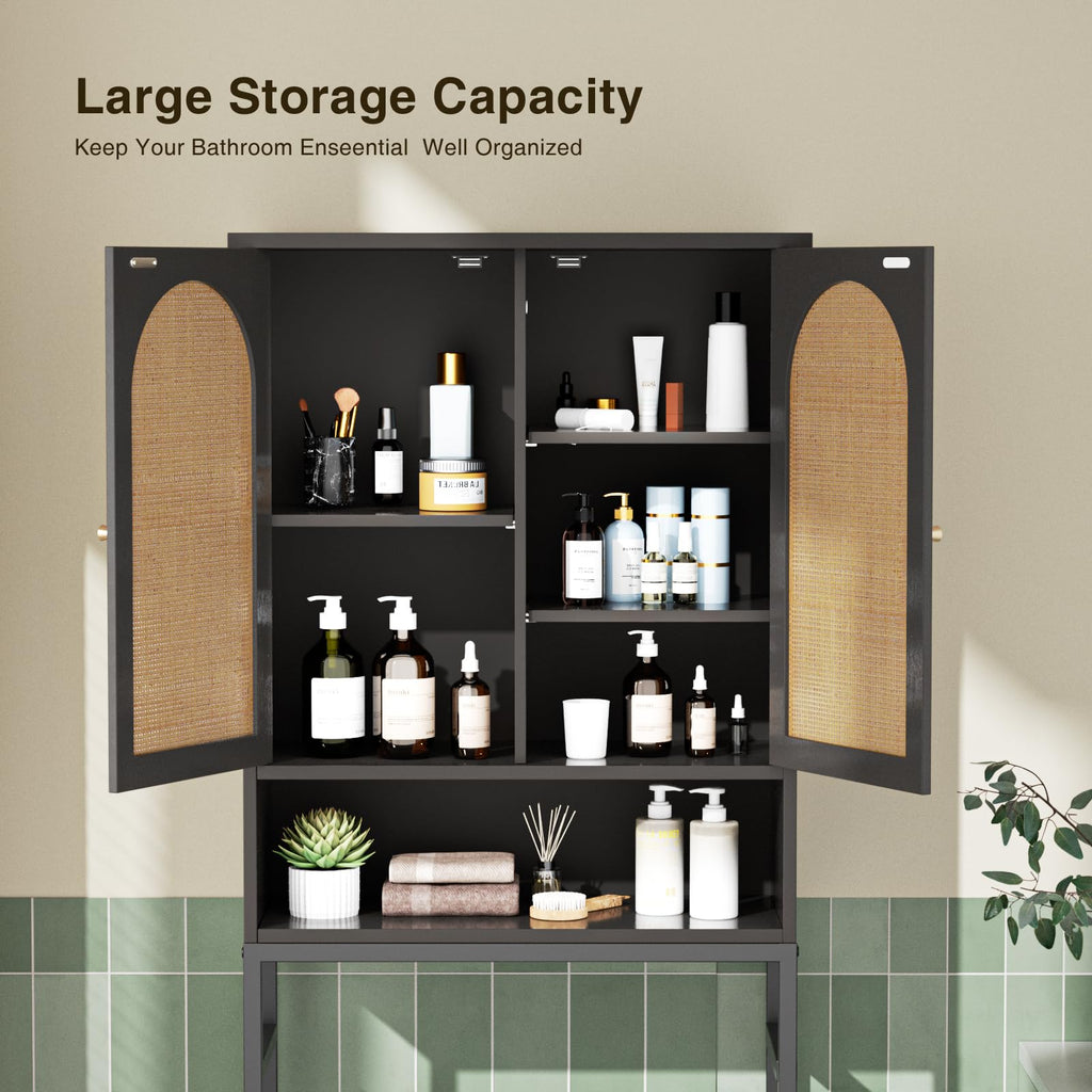 Rattan Wood Toilet Storage Cabinet with Metal Stand D4040