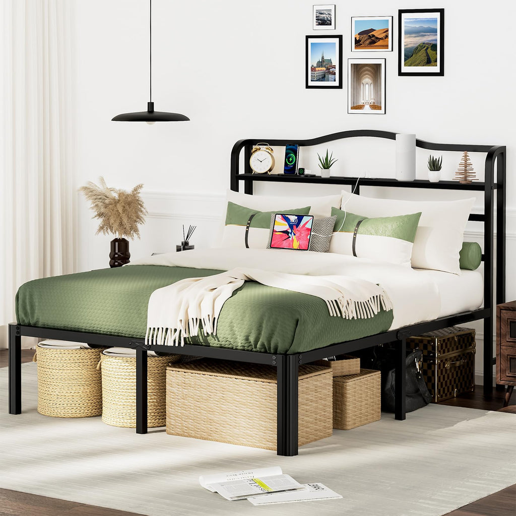 Queen 18 Inch Metal Platform Bed Frame with Headboard and Charging Station A649