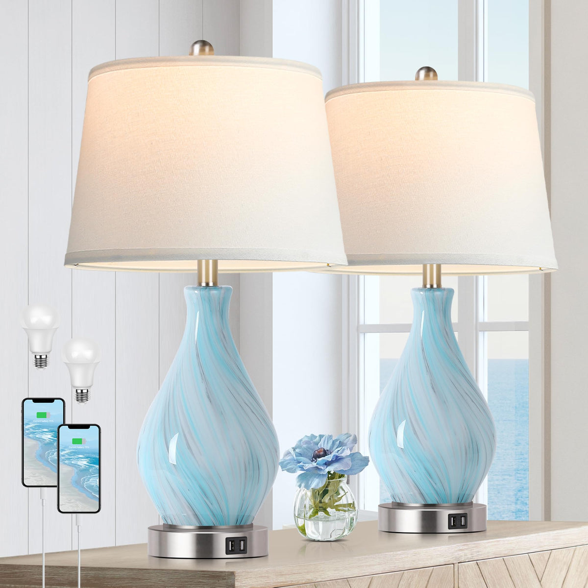 Set of 2 Touch Control Art Glass Table Lamp with USB Ports F31358