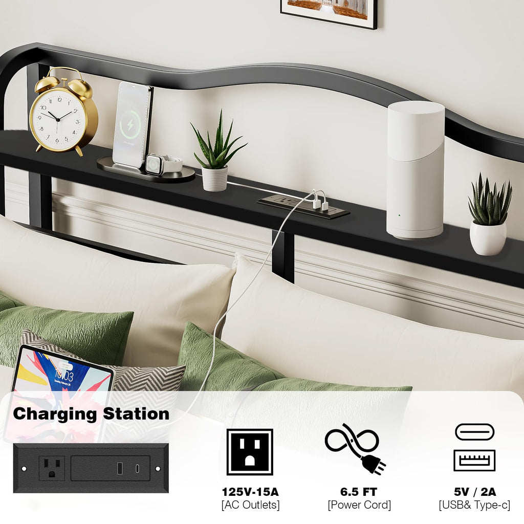 Queen 18 Inch Metal Platform Bed Frame with Headboard and Charging Station A649
