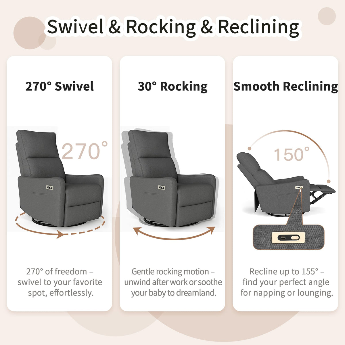 Dark Gray Velvet Swivel Recliner Chair K244