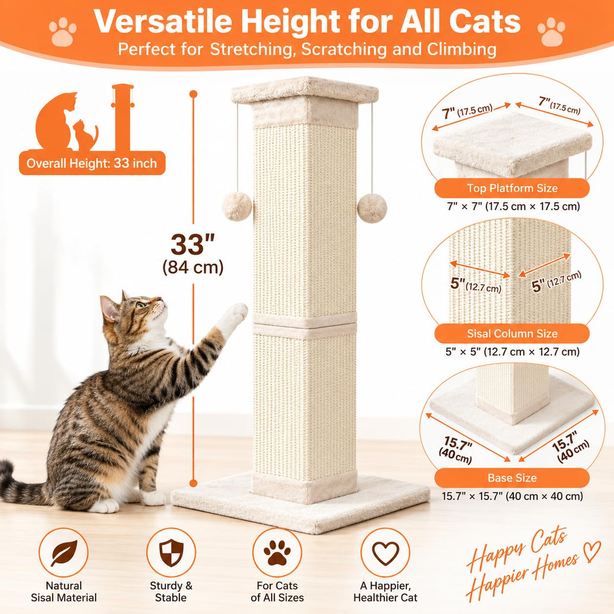 33 Inch Nature Sisal Cat Scratching Post N719728