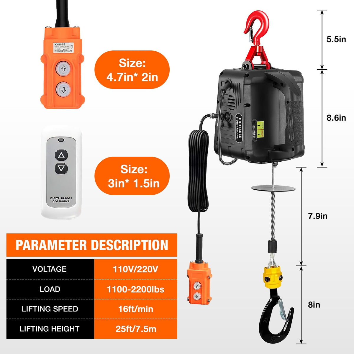 3-in-1 Electric Hoist 2200lb Capacity 110V F896498