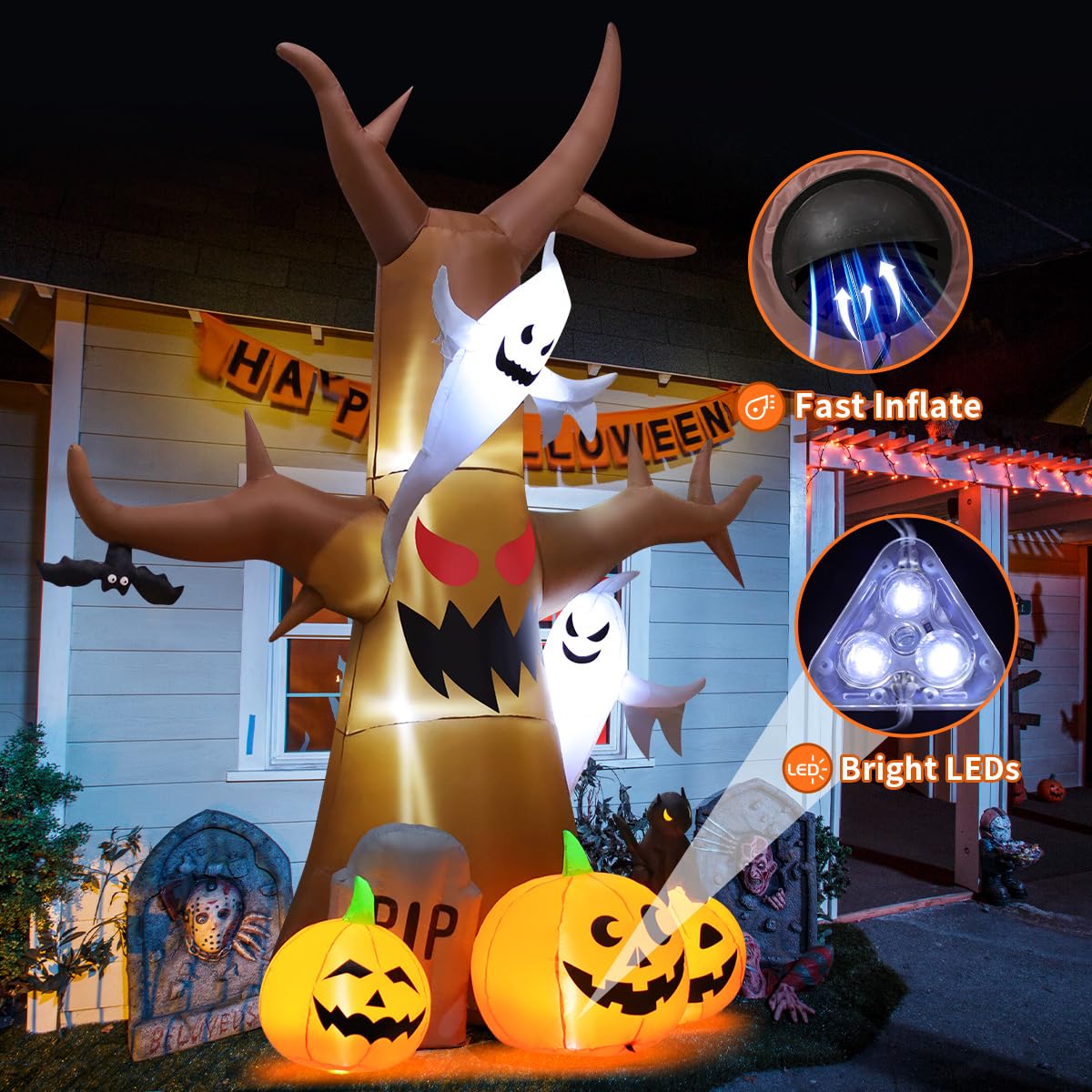 12 FT Halloween Inflatable Tree with Pumpkin Ghost Tombstone Built-in LEDs G776472
