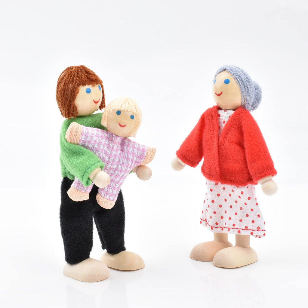 Wooden Dollhouse Dolls Family Set of 8 Miniature Figures and 2 Pets Q73694