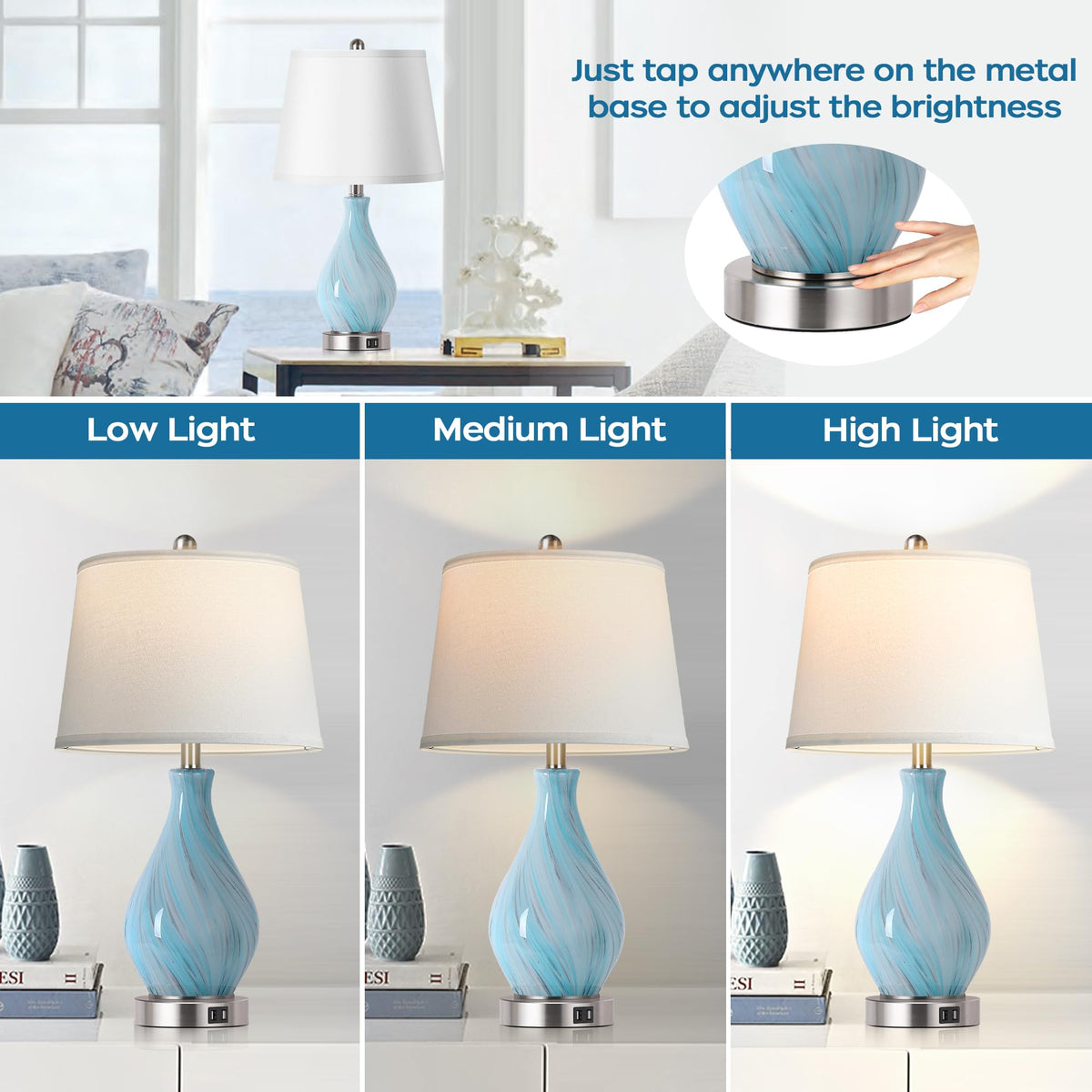 Set of 2 Touch Control Art Glass Table Lamp with USB Ports F31358