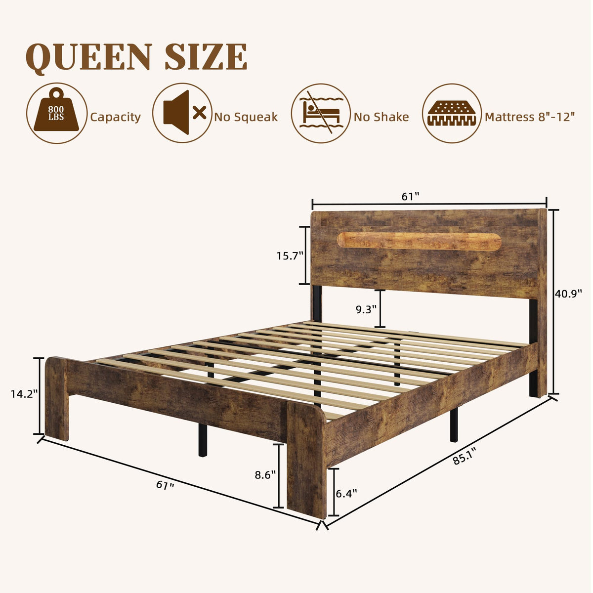 Queen Size Wood Bed Frame with Storage Headboard U113