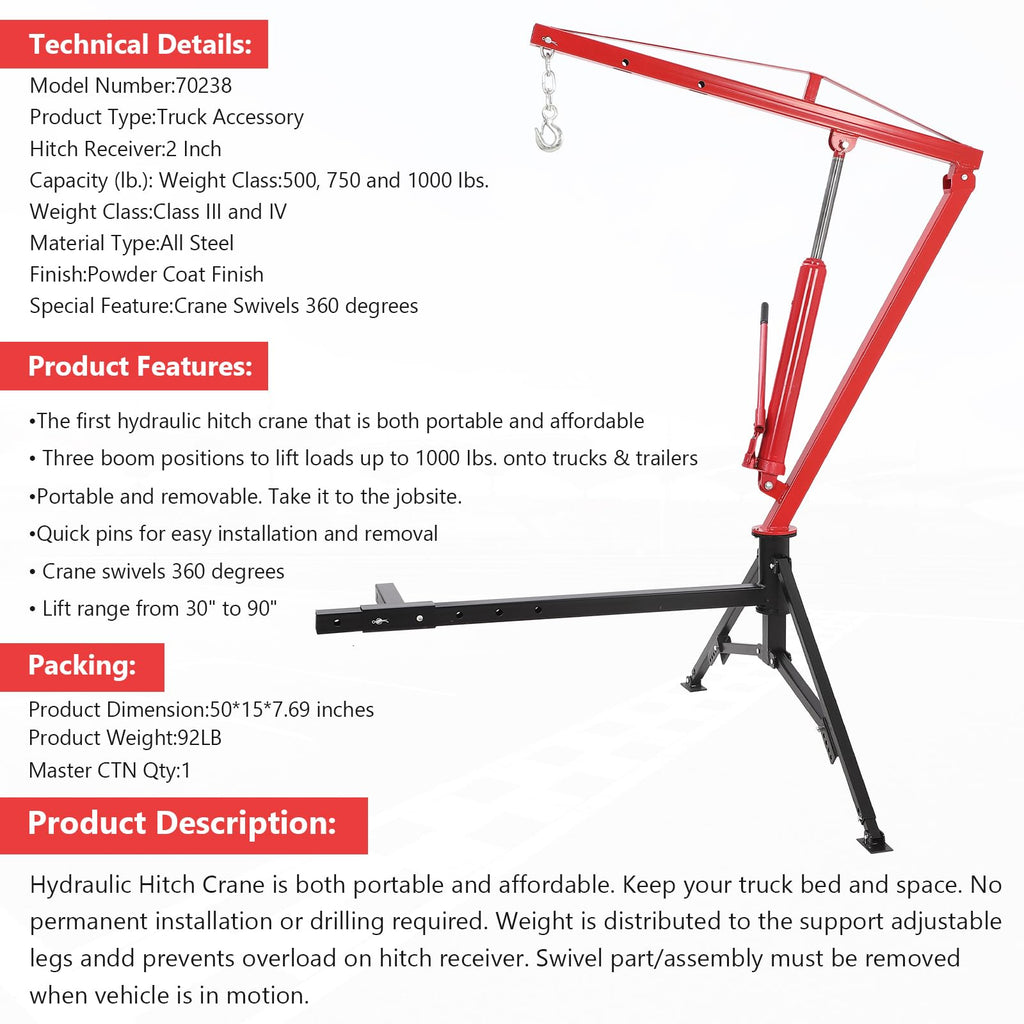1000lbs Hydraulic Pickup Truck Crane, 360° Swivel Hitch Receiver Mounted with Adjustable Boom R696616