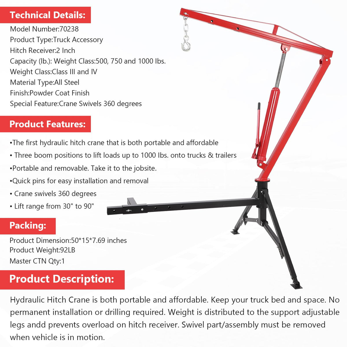 1000lbs Hydraulic Pickup Truck Crane, 360° Swivel Hitch Receiver Mounted with Adjustable Boom R696616