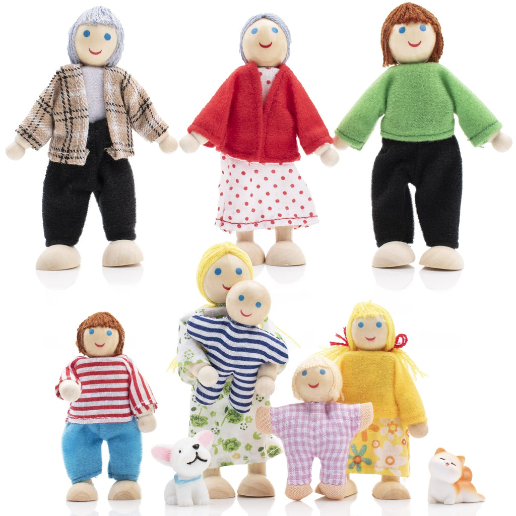 Wooden Dollhouse Dolls Family Set of 8 Miniature Figures and 2 Pets Q73694