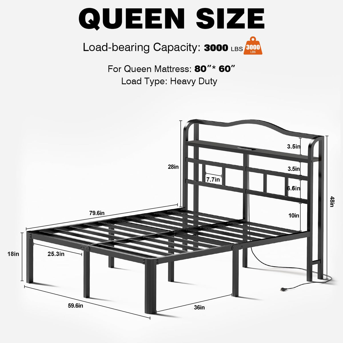 Queen 18 Inch Metal Platform Bed Frame with Headboard and Charging Station A649