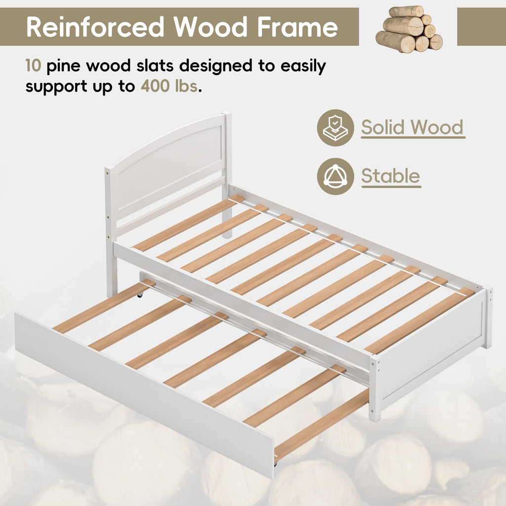 White Twin Trundle Bed with Headboard J4108