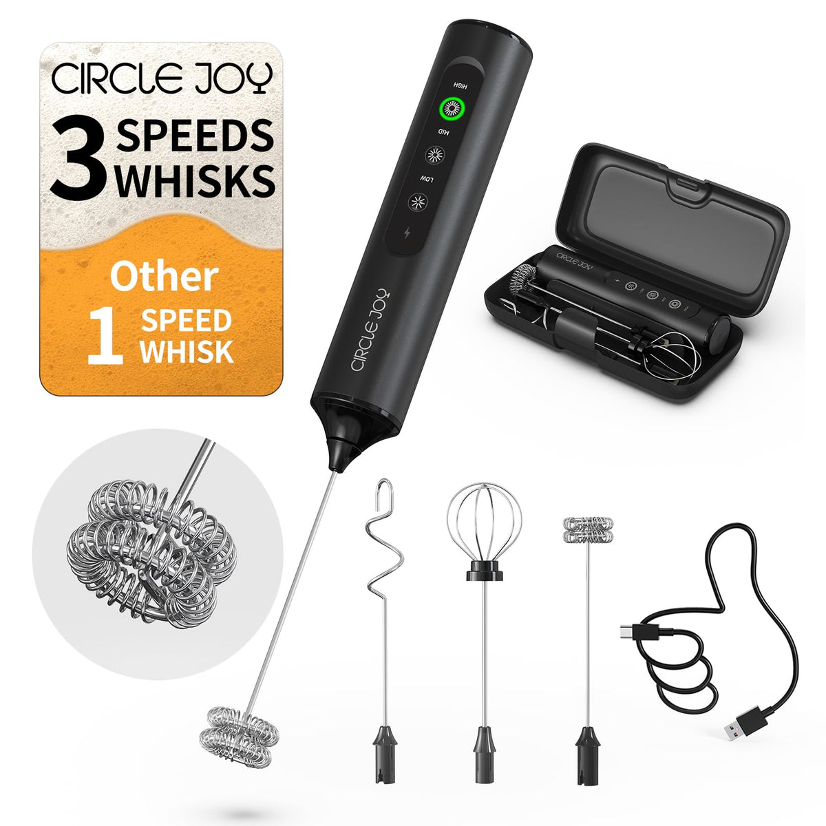 Rechargeable Handheld Milk Frother Wand with 3 Whisks and Storage Box I10910