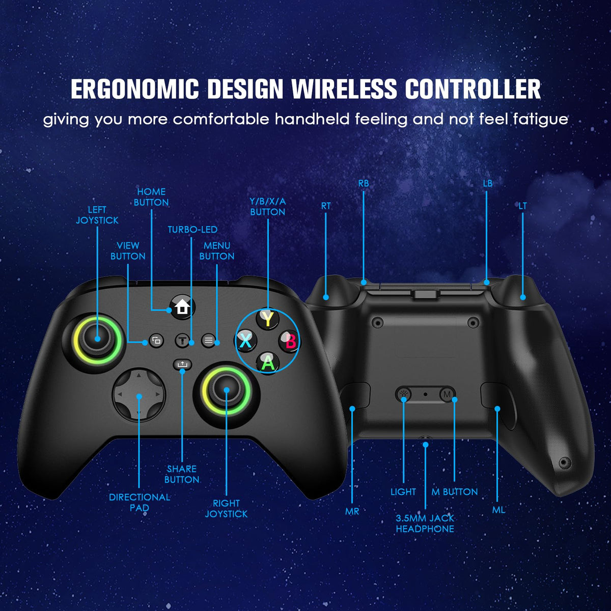 Wireless Controller with Hall Effect Joysticks, RGB Light, Dual Vibration, TURBO G101029