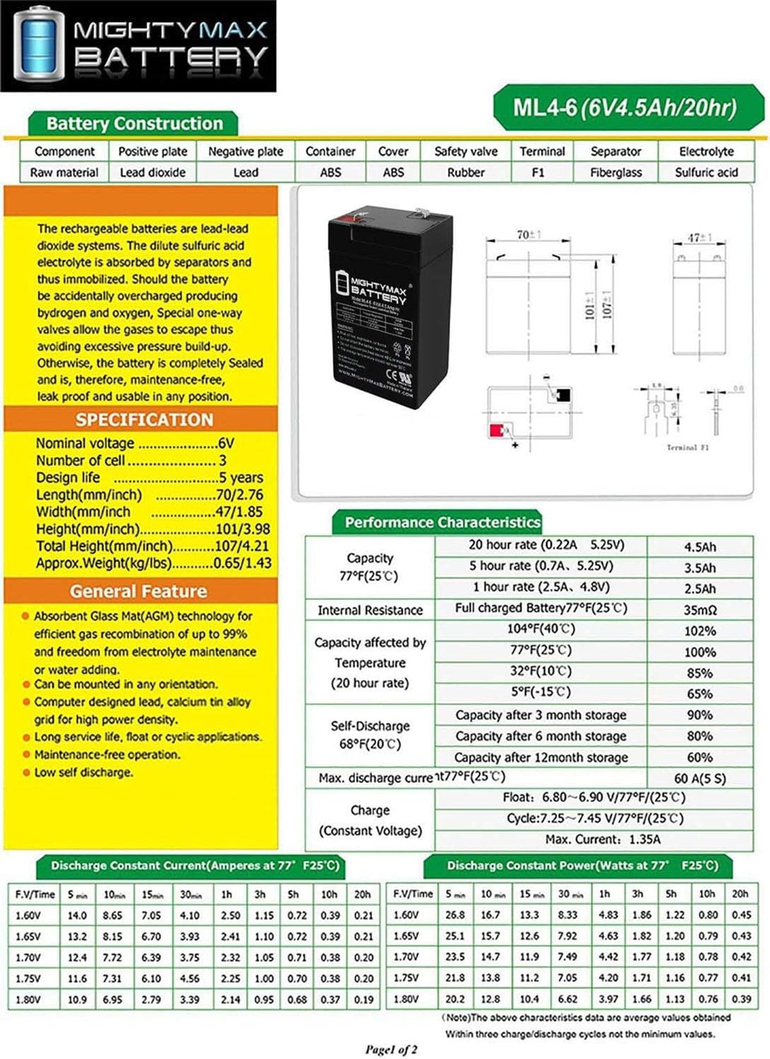 6V 4.5AH SLA Replacement Battery Y63339
