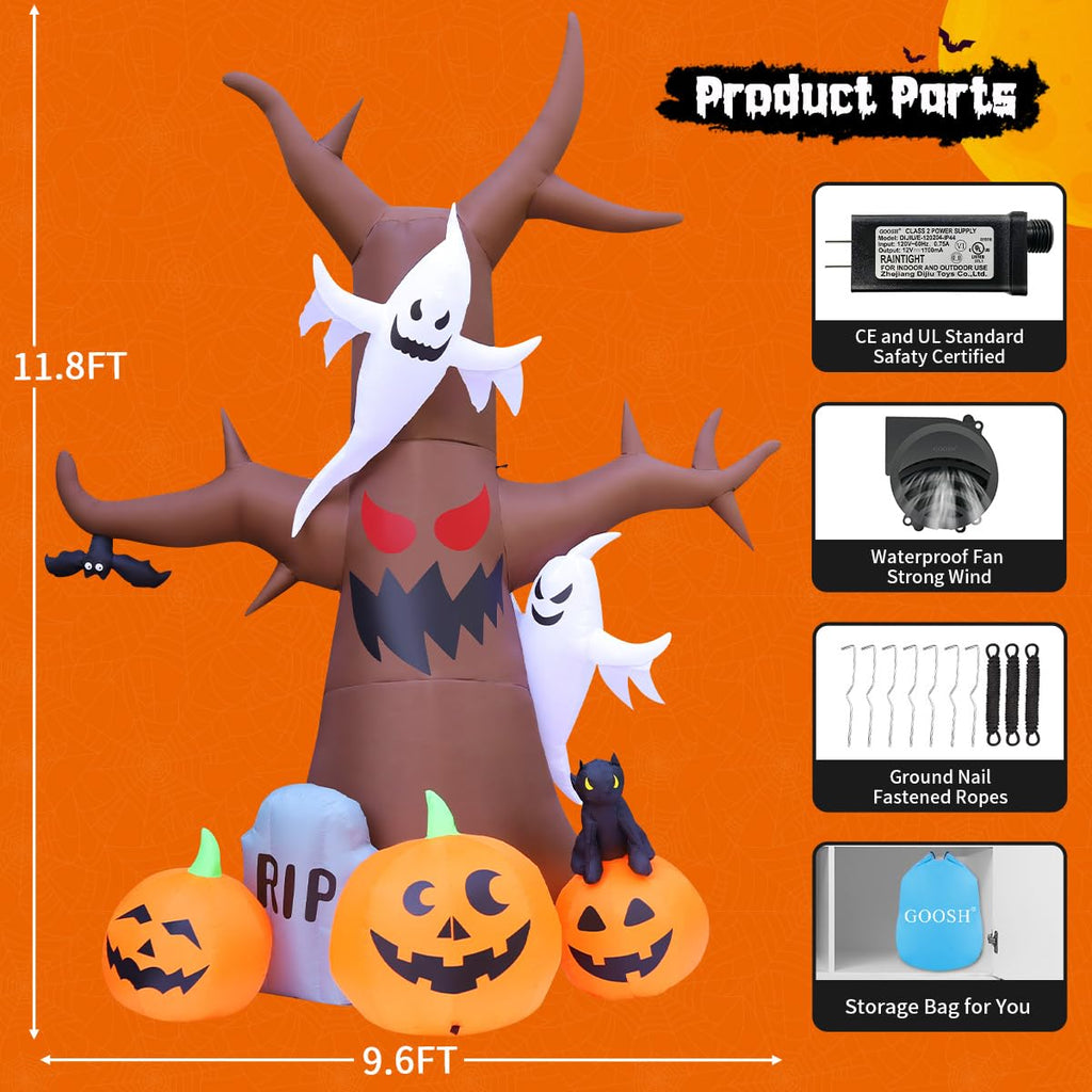 12 FT Halloween Inflatable Tree with Pumpkin Ghost Tombstone Built-in LEDs G776472