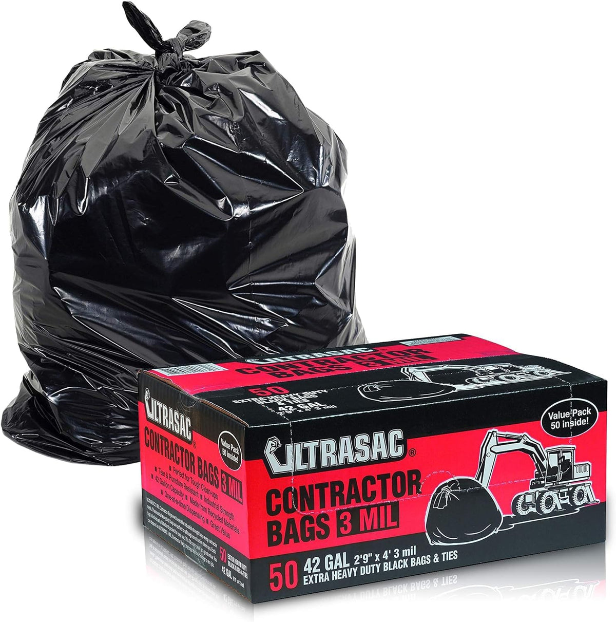 Heavy Duty 50 Pack 42 Gallon 3 MIL Black Contractor Bags O950