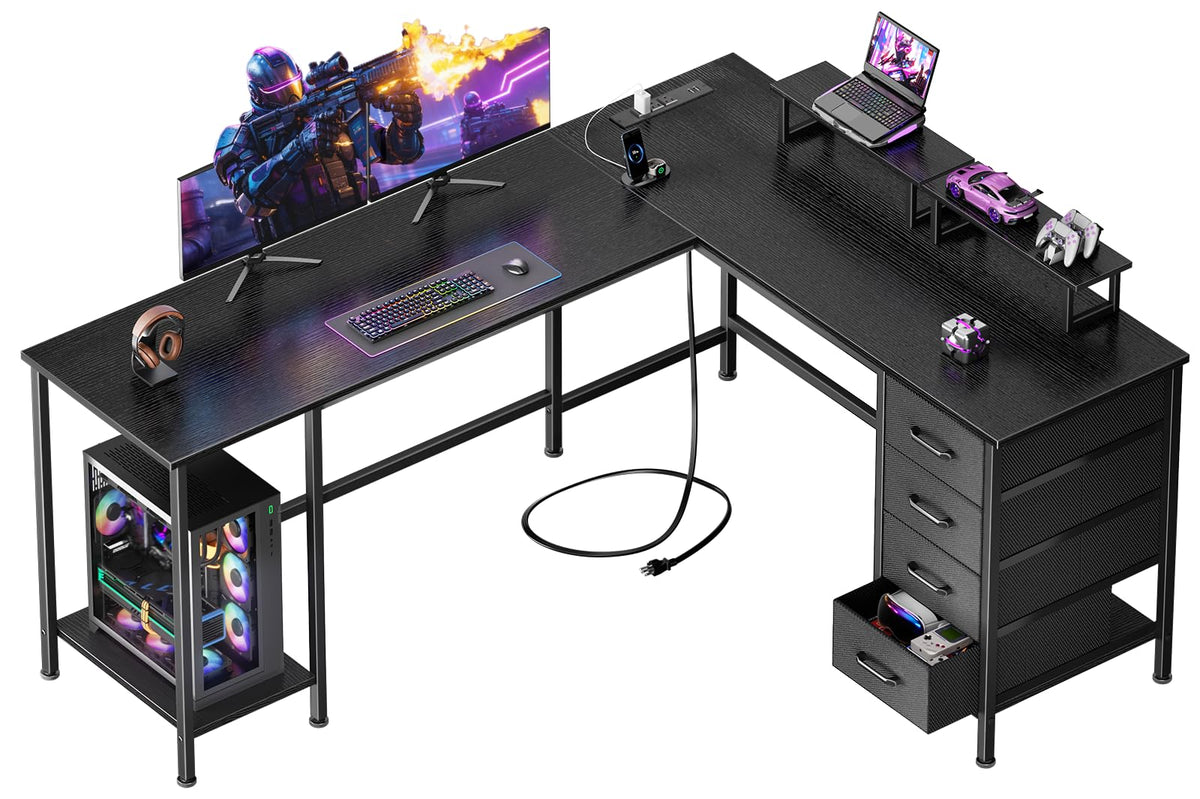59 inch L Shaped Computer Desk with Power Outlets I87697