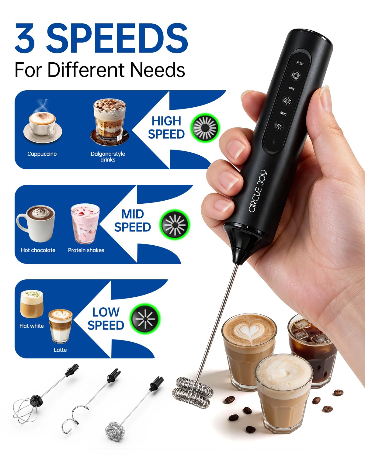 Rechargeable Handheld Milk Frother Wand with 3 Whisks and Storage Box I10910