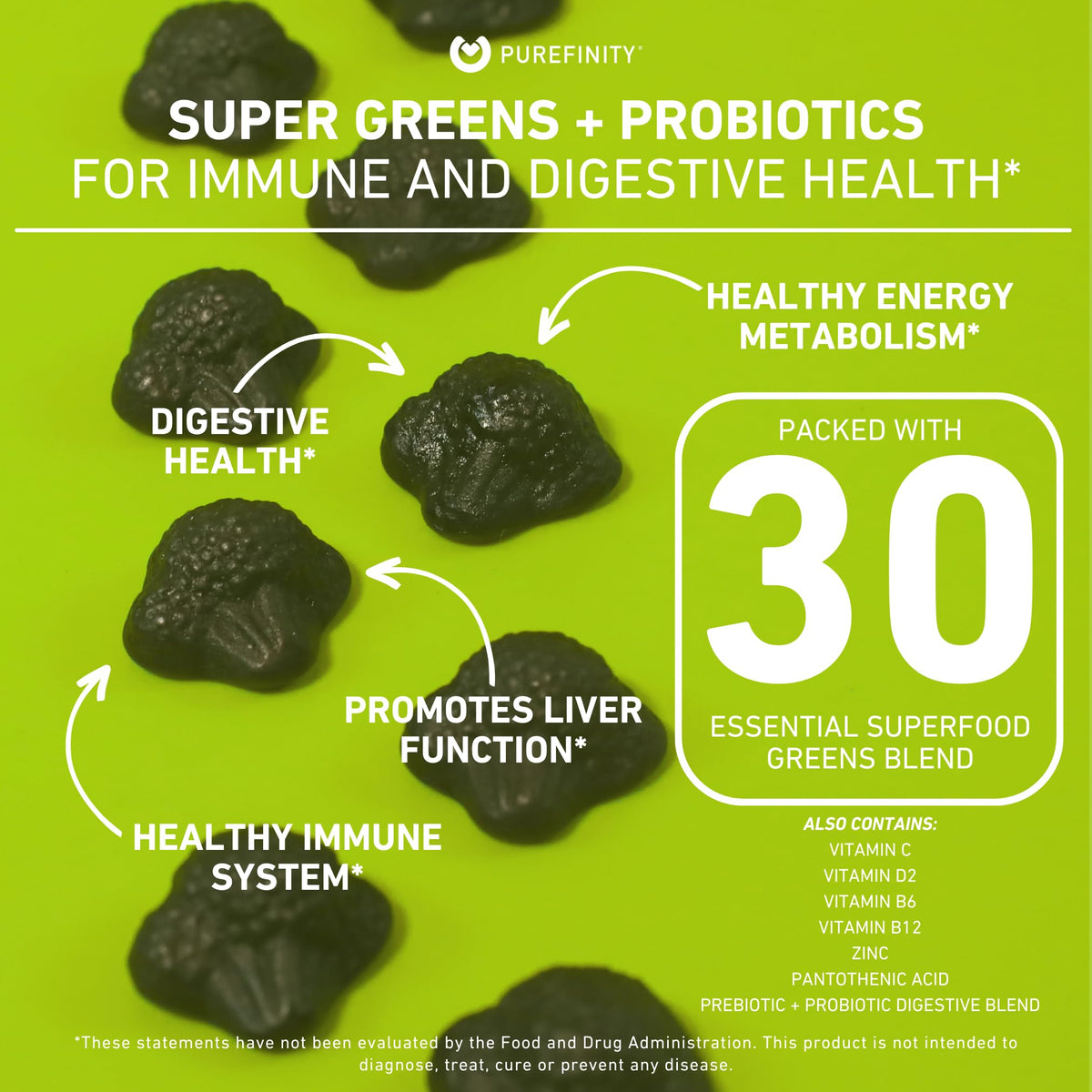 Super Greens Gummies with Spirulina, Spinach, Broccoli, Beet Root, Acai, Vegan, 60 Count N83602