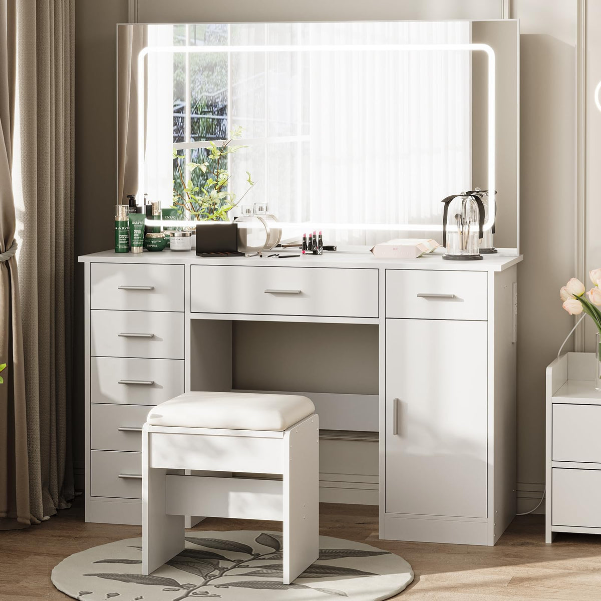 White 7 Drawer Vanity Desk with LED Mirror Z78973