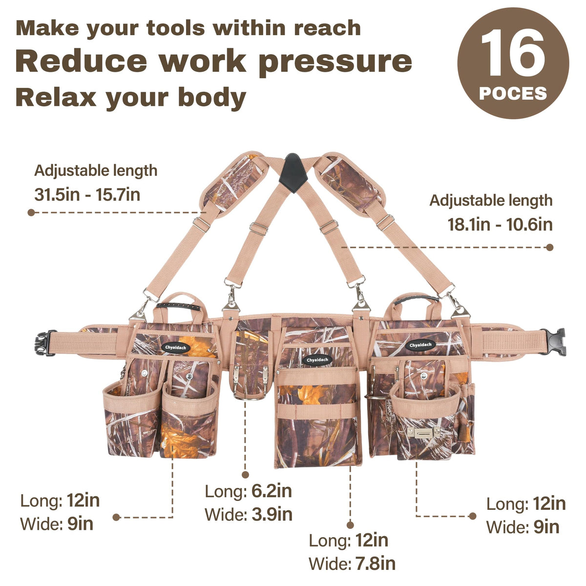 7-Piece Tool Belt Rig with 16 Pockets and Dual Hammer Loops Q51345