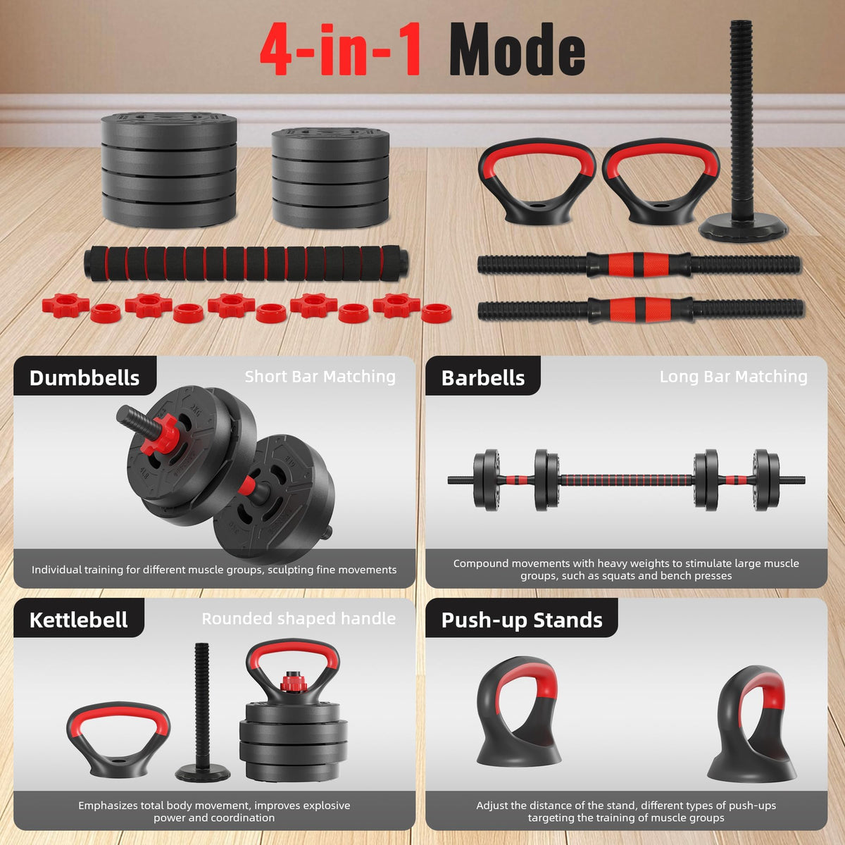 Adjustable 40/60LBS Dumbbell Barbell Kettlebell Set T1046